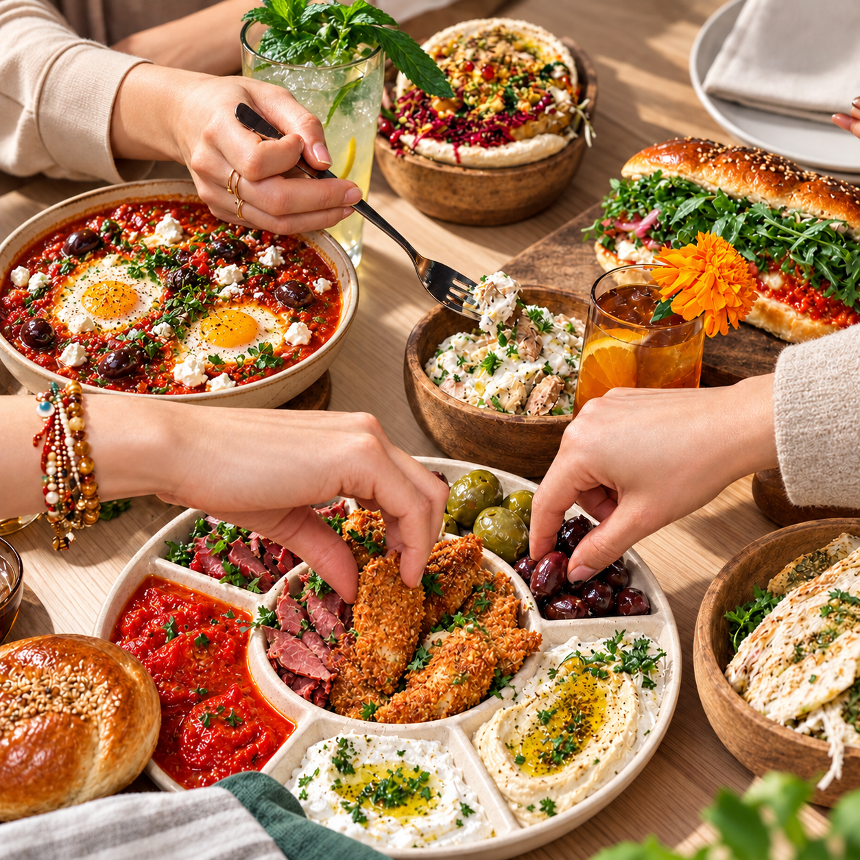 Hands sharing Mediterranean food around a table