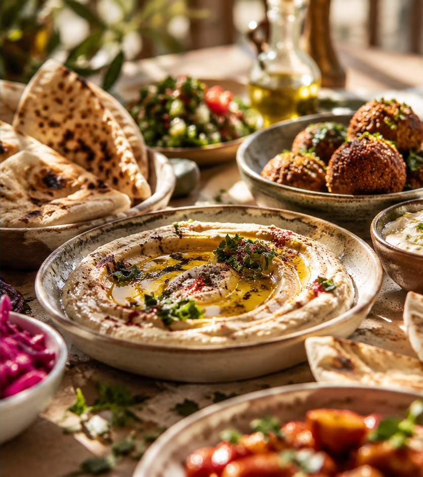 Hummus, pita, falafel and Mediterranean dishes on a sharing table